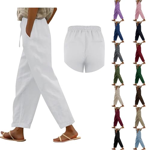 Leinenhose Damen 7/8 Sommerhosen mit Gesäßtasche Musselin Hose locker Atmungsaktive Bequeme Baumwolle Leinen Hose Elastische Taille Kordelzug Stoffhose Freizeithose Strandhose Lounge Pants von Generisch