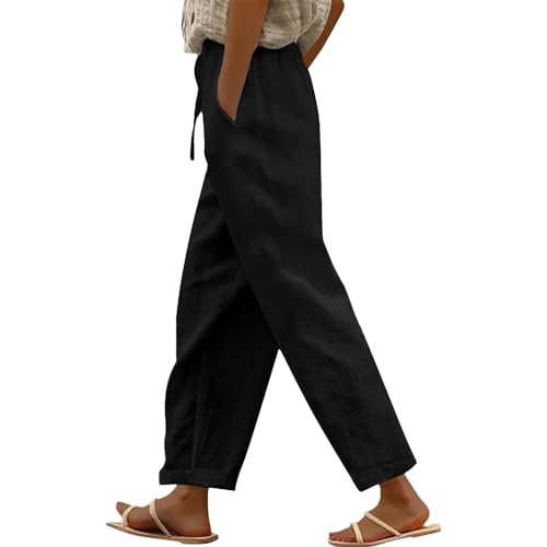 Leinenhose Damen 7/8 Sommerhosen mit Gesäßtasche Musselin Hose locker Atmungsaktive Bequeme Baumwolle Leinen Hose Elastische Taille Kordelzug Stoffhose Freizeithose Strandhose Lounge Pants von Generisch