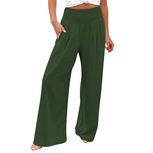 Leinenhose Damen Baumwolle Casual Yogahose Leinen Leicht Freizeithose Elastische Taille Sommerhose Mit Taschen Einfarbig Loose Strandhose Straight Weite Bein Hose (Green, XXXL) von Generisch