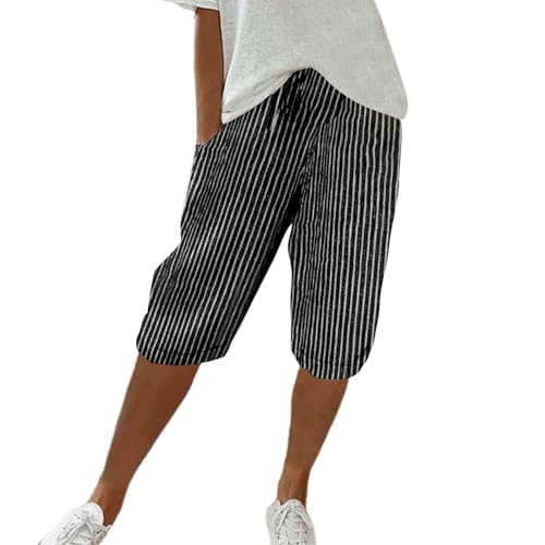 Leinenhose Damen Kurz Gestreift, Sommerhose Damen Leicht 3/4 Kurze Hose High Waist Knielang Stoffhose Mit Taschen Freizeithose Casual Sportshorts Mit Kordelzug Sommershort Baggy Bermuda Shorts von Generisch