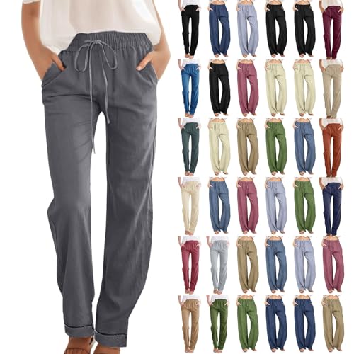 Leinenhose Damen Lang, Musselin Hose Damen Große Größen: Einfarbig Stoffhose Leicht Sommerhose Mit Taschen Bequem Strandhose Baggy Freizeithose Casual Jogginghose Hohe Taille Yogahose Jogginghose von Generisch