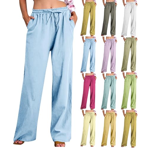 Leinenhose Damen Lang Baggy, Leichte Sommerhose Damen Stretch Strandhose Sommer Freizeithose Große Größen Musselinhose High Waist Sporthose Mit Taschen Jogginghose Elegant Sweatpants Relaxhose von Generisch