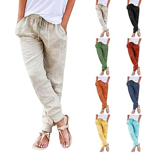 Leinenhose Damen Lang Sommer Outdoorhose Weich Bequem Strandhose mit Kordelzug und Taschen Baumwolle Leinen Einfarbig Loungehose Große Größen Stoffhose Freizeithose Jogginghose Sporthose Haremshose von Generisch