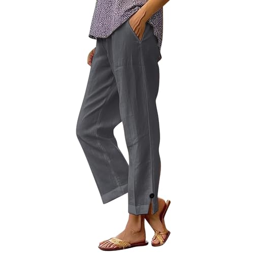 Leinenhose Damen Leicht Baumwolle Sommerhosehose Loose Freizeithose High Waist Stoffhose Gerade Geschnitten Relaxhose Einfarbig Schlupfhose Jogginghose Straight Bein Frauen Hosen Bequeme (Grey, XXL) von Generisch