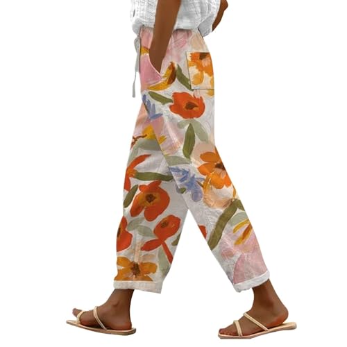 Leinenhose Damen Leicht Capri Sommerhose Hoher Taille Lange Baumwolle Stoffhose Freizeithose Elegant Haremshose 7/8 Hose Große Größen Lässig Strandhose Mit Taschen von Generisch