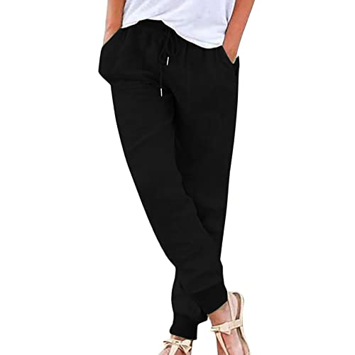 Leinenhose Damen Leicht Leinen Sommerhose Loose Freizeithose High Waist Yogahose Stoffhose Casual Einfarbige Schlupfhose Jogginghose Straight Bein Frauen Hosen Stretch Mit Taschen S-3Xl von Generisch