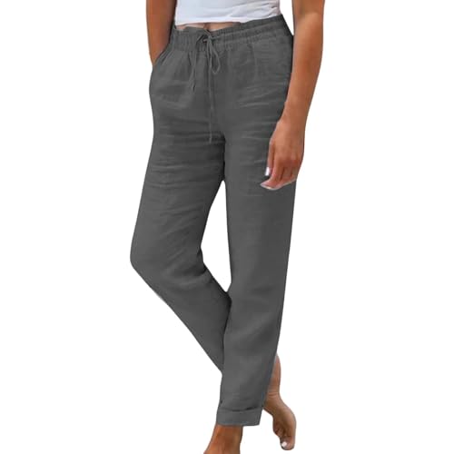 Leinenhose Damen Sommer,Leinen Lang 7/8 Hose Baumwolle Casual Leicht Sommerhose Elegant Loose Fit Stoffhose Elastischem Bund Jogginghose Kordelzug Freizeithose Strandhose Palazzo Hose von Generisch