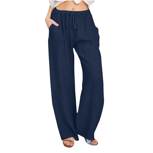 Leinenhose Damen Sommer,Leinen Lang Baumwolle Hose Casual Leicht Sommerhose Loose Fit Einfarbig Stoffhose Elastischem Bund Adjustierbarem Kordelzug Freizeithose Strandhose Palazzo Hose für Frauen von Generisch