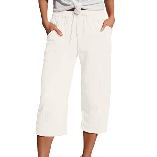 Leinenhose Damen Sommer 3/4 Musselin Hose Leicht Loose Sommerhose Bequeme Elastische Stoffhose Locker Caprihose Freizeit Strandhose Jogginghose mit Taschen und Kordelzug von Generisch
