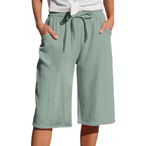 Leinenhose Damen Sommer 3/4 Musselin Hose Leicht Loose Sommerhose Bequeme Elastische Stoffhose Locker Caprihose Freizeit Strandhose Jogginghose mit Taschen und Kordelzug von Generisch