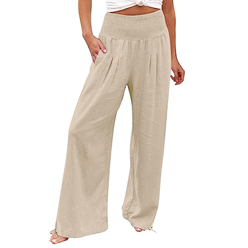 Leinenhose Damen Sommer Bequeme Elastische Yogahose Hohe Taille Weites Bein Freizeithose Leicht und Luftig Soft Stoffhose mit Taschen Baumwolle Leinen Sommerhose Einfarbig Elegant Palazzo Hose von Generisch