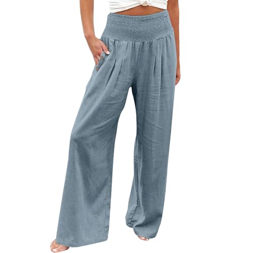 Leinenhose Damen Sommer Bequeme Elastische Yogahose Hohe Taille Weites Bein Freizeithose Leicht und Luftig Soft Stoffhose mit Taschen Baumwolle Leinen Sommerhose Einfarbig Elegant Palazzo Hose von Generisch