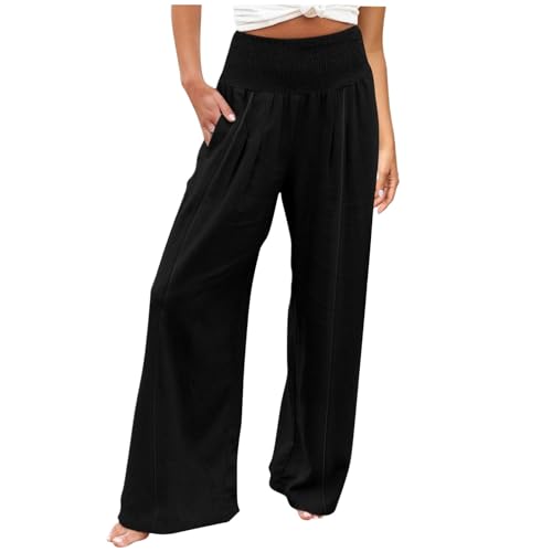 Leinenhose Damen Sommer Bequeme Elastische Yogahose Hohe Taille Weites Bein Freizeithose Leicht und Luftig Soft Stoffhose mit Taschen Baumwolle Leinen Sommerhose Einfarbig Elegant Palazzo Hose von Generisch