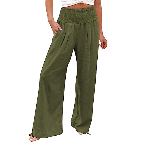 Leinenhose Damen Sommer Bequeme Elastische Yogahose Hohe Taille Weites Bein Freizeithose Leicht und Luftig Soft Stoffhose mit Taschen Baumwolle Leinen Sommerhose Einfarbig Elegant Palazzo Hose von Generisch