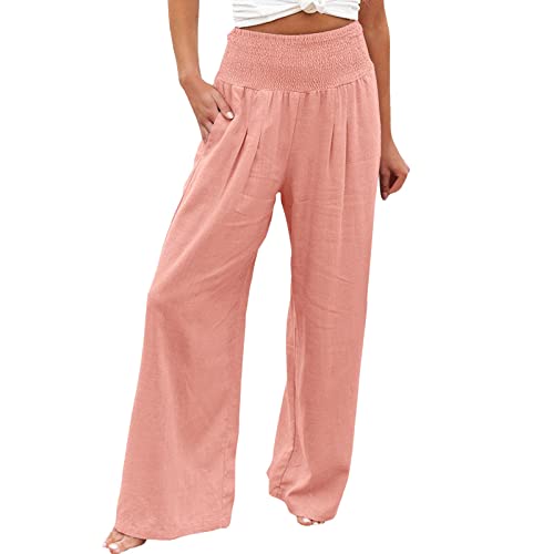 Leinenhose Damen Sommer Bequeme Elastische Yogahose Hohe Taille Weites Bein Freizeithose Leicht und Luftig Soft Stoffhose mit Taschen Baumwolle Leinen Sommerhose Einfarbig Elegant Palazzo Hose von Generisch
