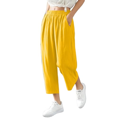Leinenhose Damen Sommer Lang Musselin Hose Elegante Freizeithose Sommer Luftig Gerade Leinenhose Leicht Damen Kleidung Geschenke Für Frauen gelb M von Generisch