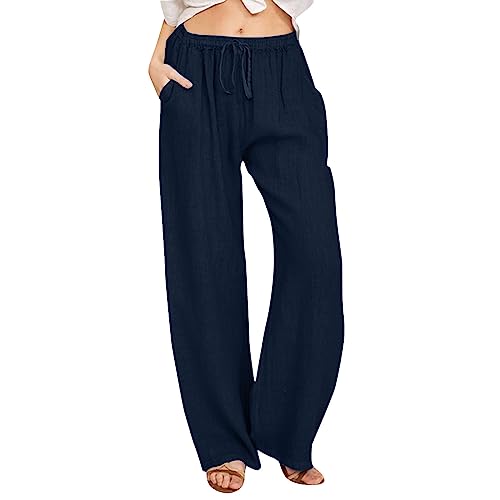 Leinenhose Damen Sommer Lang Sommerhose Leicht Luftig High Waist Casual Baumwolle Leinen Hose Freizeithose Lockere Bequeme Stoffhose Wide Leg Strandhose mit Kordelzug und Taschen A3- Dunkelblau S von Generisch