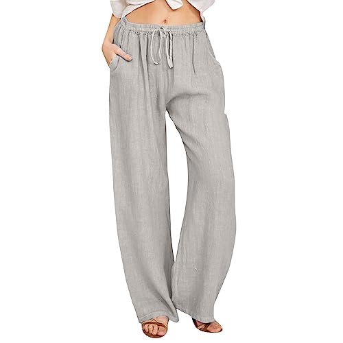 Leinenhose Damen Sommer Lang Sommerhose Leicht Luftig High Waist Casual Baumwolle Leinen Hose Freizeithose Lockere Bequeme Stoffhose Wide Leg Strandhose mit Kordelzug und Taschen A5- Grau 4XL von Generisch