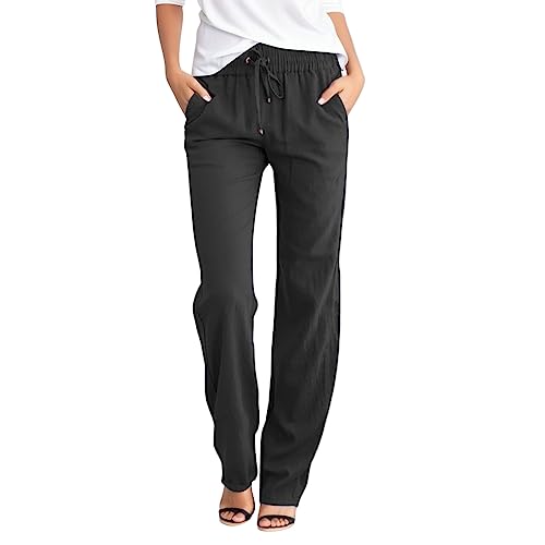 Leinenhose Damen Sommer Lang Sommerhose Leicht und Luftig High Waist Musselin Hose Freizeithose Casual Lockere Bequeme Stoffhose Gerades Bein Strandhose mit Kordelzug und Taschen A1- Schwarz M von Generisch