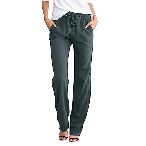 Leinenhose Damen Sommer Lang Sommerhose Leicht und Luftig High Waist Musselin Hose Freizeithose Casual Lockere Bequeme Stoffhose Gerades Bein Strandhose mit Kordelzug und Taschen A3- Dunkelgrau L von Generisch