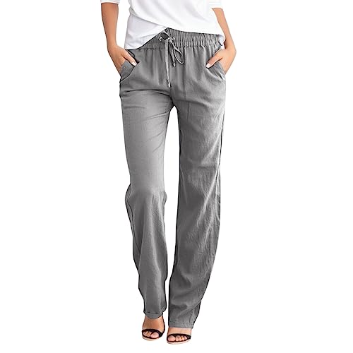 Leinenhose Damen Sommer Lang Sommerhose Leicht und Luftig High Waist Musselin Hose Freizeithose Casual Lockere Bequeme Stoffhose Gerades Bein Strandhose mit Kordelzug und Taschen A4- Grau L von Generisch