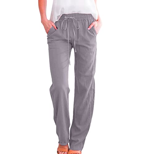 Leinenhose Damen Sommer Lang Sommerhose Leicht und Luftig High Waist Musselin Hose Freizeithose Casual Lockere Bequeme Stoffhose Gerades Bein Strandhose mit Kordelzug und Taschen D9- Silber L von Generisch