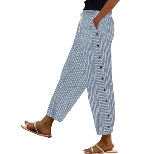 Leinenhose Damen Sommer - Leichte Sommerhosen Damen Streifen Mit Knopfleiste Stoffhose Mit Kordelzug Slim Fit Yogahose Casual Mit Verstellbaren Freizeithose Gemustert Knopfdekor Sporthose von Generisch