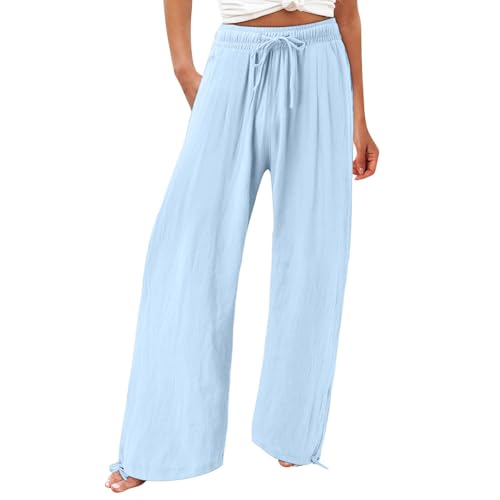 Leinenhose Damen Sommer Weite Bein Lang Hosen Leicht und Luftig Sommerhosen Casual Loose Musselin Stoffhose Strandhose Elegante Elastischem Hohe Taille Freizeithose Palazzo Relaxhose mit Kordelzug von Generisch