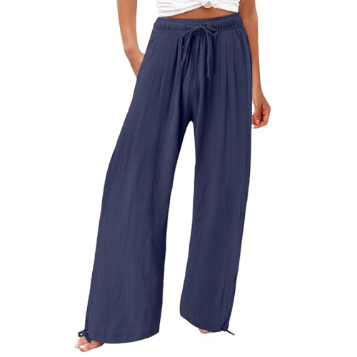 Leinenhose Damen Sommer Weite Bein Lang Hosen Leicht und Luftig Sommerhosen Casual Loose Musselin Stoffhose Strandhose Elegante Elastischem Hohe Taille Freizeithose Palazzo Relaxhose mit Kordelzug von Generisch