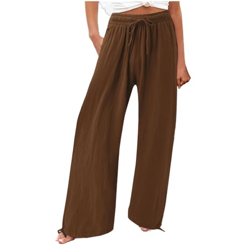 Leinenhose Damen Sommer Weite Bein Lang Hosen Leicht und Luftig Sommerhosen Casual Loose Musselin Stoffhose Strandhose Elegante Elastischem Hohe Taille Freizeithose Palazzo Relaxhose mit Kordelzug von Generisch