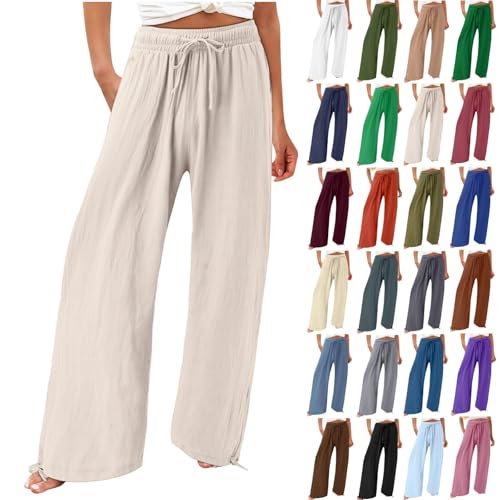 Leinenhose Damen Sommer Weite Bein Lang Hosen Leicht und Luftig Sommerhosen Casual Loose Musselin Stoffhose Strandhose Elegante Elastischem Hohe Taille Freizeithose Relaxhose mit Kordelzug XL 2XL 3XL von Generisch