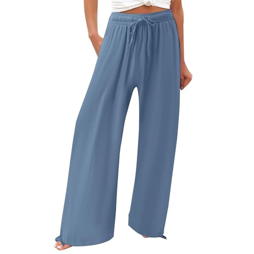 Leinenhose Damen Sommer Weite Bein Lang Hosen Leicht und Luftig Sommerhosen Casual Loose Musselin Stoffhose Strandhose Elegante Elastischem Hohe Taille Freizeithose Relaxhose mit Kordelzug XL 2XL 3XL von Generisch