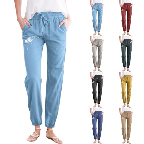 Leinenhose Damen Sommerhosen Casual Leichte Stoffhose Mit Kordelzug Und Taschen Elastischer Bund Leinen Sommerhose Bequeme Luftige Freizeithose Strandhose Lose Lässige Leinen Hosen von Generisch