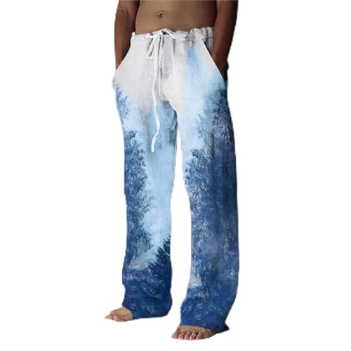 Leinenhose Herren Hose Lang Leicht Sommerhose Batik Drucken Hawaiihose Loose Fit Freizeithose Yoga Urlaub Strandhose Mit Kordelzug (Blau, XL) von Generisch