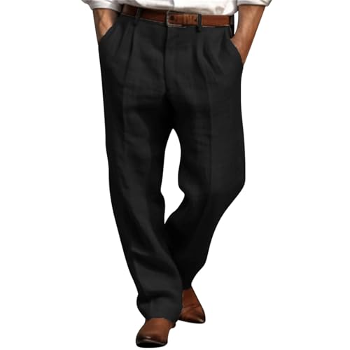 Leinenhose Herren Lang Anzughose mit Falten vorne Business Büro Arbeit Elegante Hose lockere Passform einfarbig Jogginghose gerades Bein Lange Hose Anzug Loose Fit,Bequeme Gerade Hose,Elegant von Generisch