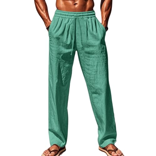 Leinenhose Herren Lang Leichte Sommerhose Freizeithose Dünne Hose Weites Bein Strandhose mit Tunnelzug und Taschen Stoffhose Elastische Taille Wanderhose Outdoor Hose Loose Fit Baggy Hosen von Generisch