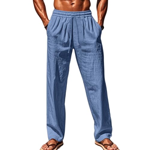 Leinenhose Herren Lang Leichte Sommerhose Freizeithose Dünne Hose Weites Bein Strandhose mit Tunnelzug und Taschen Stoffhose Elastische Taille Wanderhose Outdoor Hose Loose Fit Baggy Hosen von Generisch
