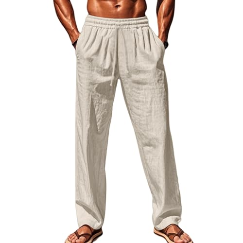 Leinenhose Herren Lang Leichte Sommerhose Freizeithose Dünne Hose Weites Bein Strandhose mit Tunnelzug und Taschen Stoffhose Elastische Taille Wanderhose Outdoor Hose Loose Fit Baggy Hosen von Generisch