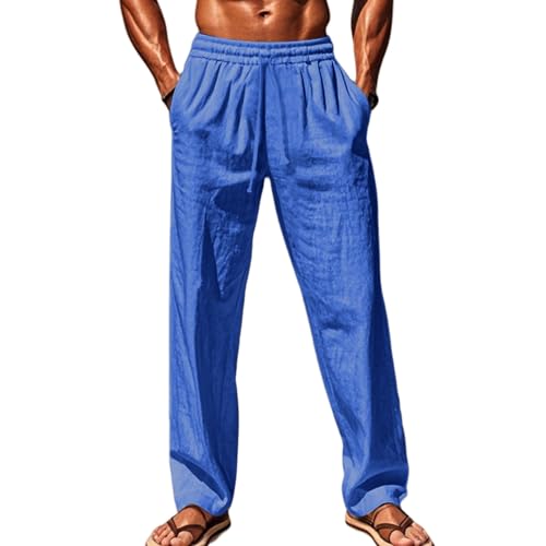 Leinenhose Herren Lang Leichte Sommerhose Freizeithose Dünne Hose Weites Bein Strandhose mit Tunnelzug und Taschen Stoffhose Elastische Taille Wanderhose Outdoor Hose Loose Fit Baggy Hosen von Generisch