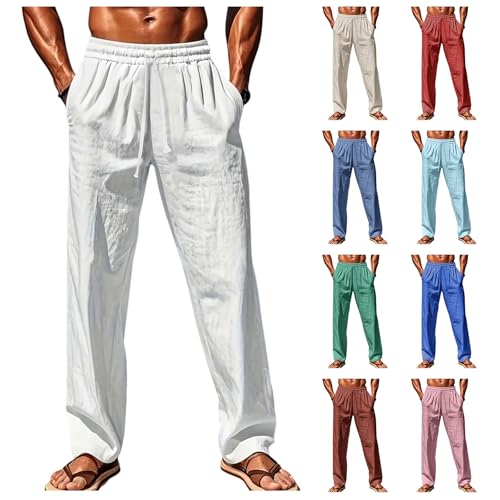 Leinenhose Herren Lang Leichte Sommerhose Freizeithose Dünne Hose Weites Bein Strandhose mit Tunnelzug und Taschen Stoffhose Elastische Taille Wanderhose Outdoor Hose Loose Fit Baggy Hosen von Generisch