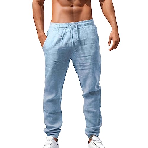 Leinenhose Herren Lang Leichte Sommerhose Herren Slim Fit Freizeithose Mit Taschen Kordelzug Casual Strandhosen Elastischer Bund Urlaub Strand Yoga Hosen Männer Hosen, S-5XL von Generisch