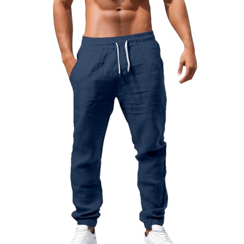 Leinenhose Herren Lang Leichte Sommerhose Herren Slim Fit Freizeithose Mit Taschen Kordelzug Casual Strandhosen Elastischer Bund Urlaub Strand Yoga Hosen Männer Hosen, S-5XL von Generisch
