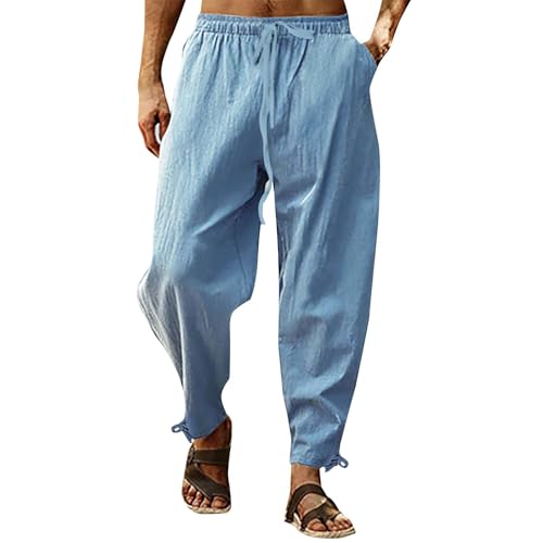 Leinenhose Herren Leicht Loose Freizeithose Lang Breite Hosen Herren Baggy Fit Japanische Einfarbig Freizeithose Zugband Loungehose Basic Wanderhose Atmungsaktive Jogginghose Elegant Sporthose Leicht von Generisch