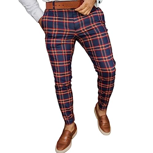 Leinenhose Lässige, Karierte, schmale Bleistifthose für Herren, Reißverschluss, elastische Taille, Hose Herren Hose Training (Navy, M) von Generisch