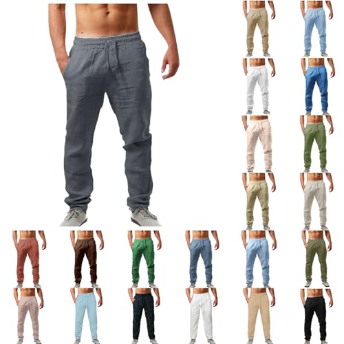 Herren Leinenhose Lang/Shorts Leicht Sommerhose Einfarbiges Loose Fit Bequeme Freizeithose Casual Sporthose mit Kordelzug für Urlaub Strand Alltag von Generisch