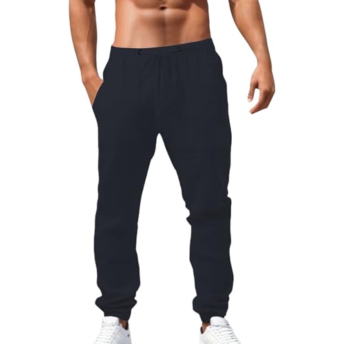 Leinenhosen Herren Kordelzug Taschen Freizeithose Leichte Sommerhose für Männer Bequem Atmungsaktiv Pants Baggy Straight Fit Hose Strandhose Outdoor Hose von Generisch