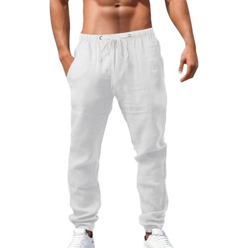 Leinenhosen Herren Kordelzug Taschen Freizeithose Leichte Sommerhose für Männer Bequem Atmungsaktiv Pants Baggy Straight Fit Hose Strandhose Outdoor Hose von Generisch