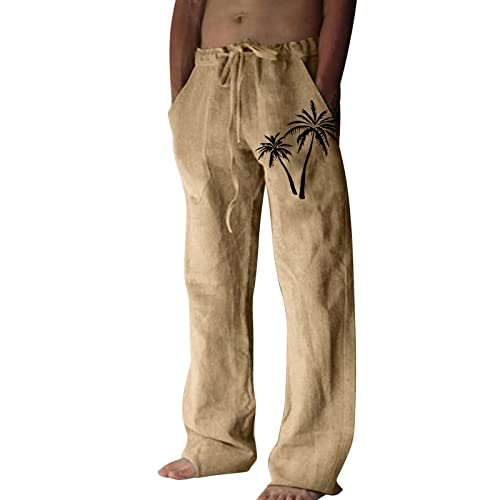 Leinenhosen Herren Lang Jogging Hose Herren Leichte Sommerhose Freizeithose Übergröße Baggy Loose Fit Freizeithose Casual Strandhosen Loungewear(02 Khaki,L) von Generisch