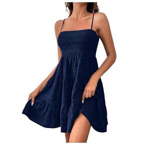 Leinenkleid Damen Sommerkleid Kurz Elegant Spaghettiträger Strandkleid Sommer Leichte Freizeitkleid Lässig Ärmellos Minikleid A Linie Kleid Einfarbig Swing Kleider Marine M von Generisch