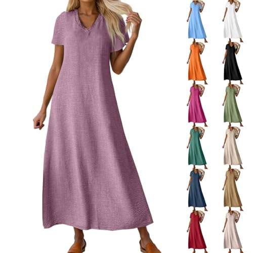 Leinenkleid Damen Leicht Und Luftig Sommer V-Ausschnitt Kurzarm Sommerkleid Damen Knielang Leinenkleider Baumwolle Leinen Blusenkleid Casual Lässig Freizeitkleid Strandkleider Kleid A-Linie Kleid von Generisch